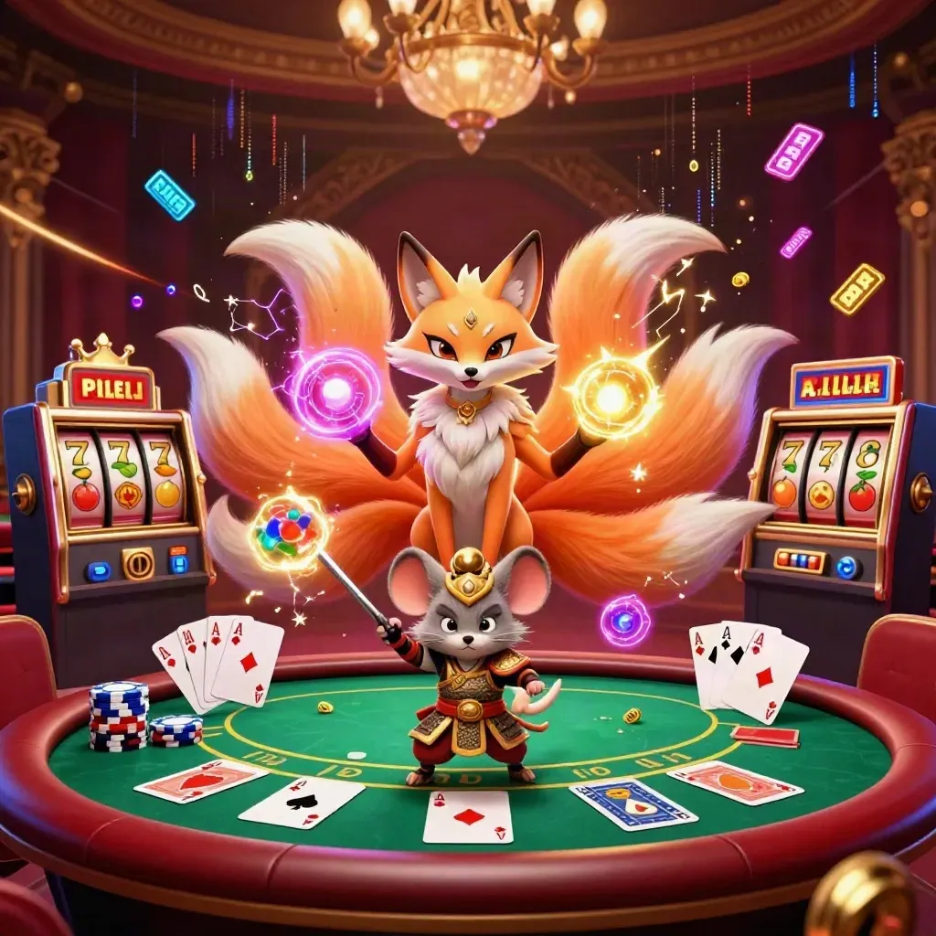 Nine-tailed neon fox spirit with armored samurai mouse, chips, cards, and casino glow