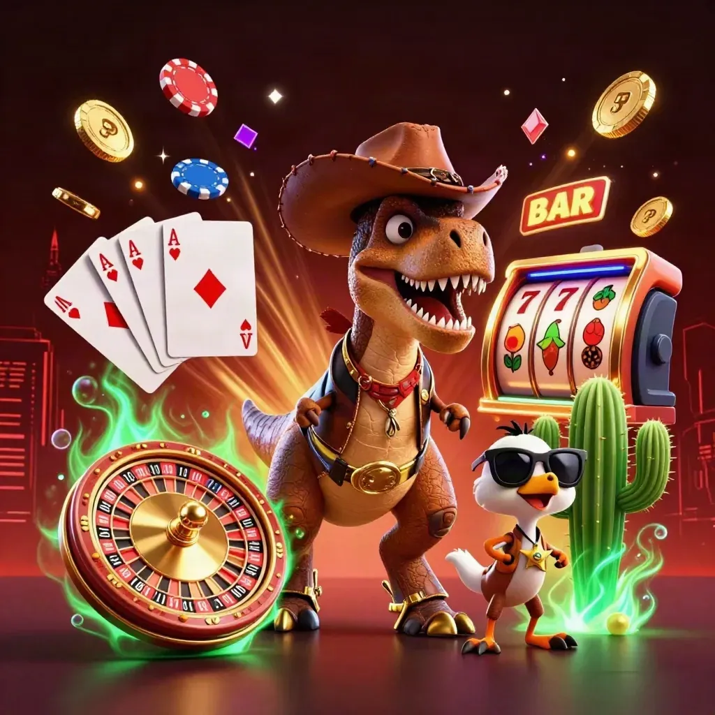 Cowboy T-Rex, cactus sidekick, and sheriff roadrunner burst through roulette treasure in neon casino art