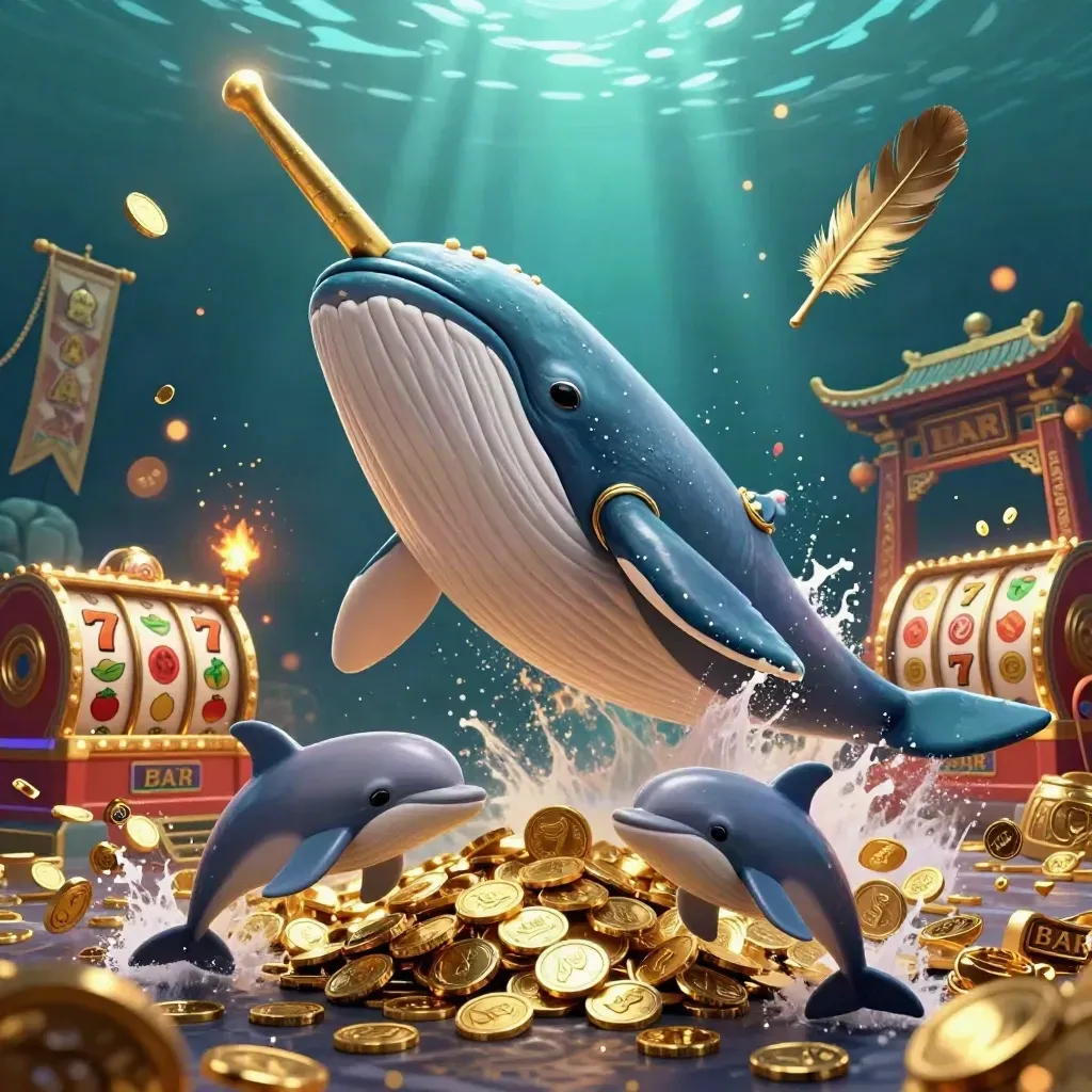 Whale captain, narwhal, and dolphins burst through coins in an emerald underwater casino scene.