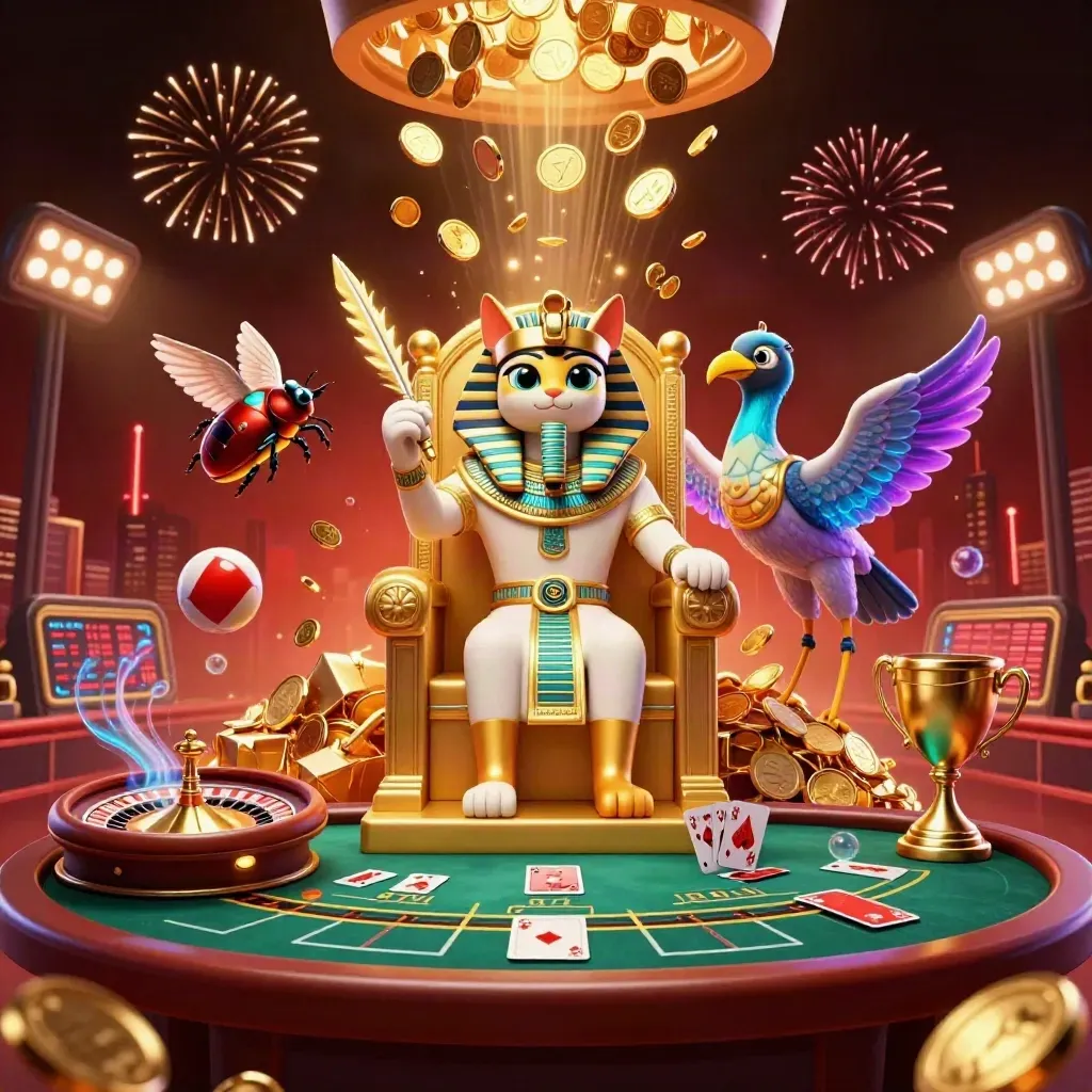 Pharaoh cat, ibis scribe, scarabs, roulette burst, coins, fireworks, casino lights