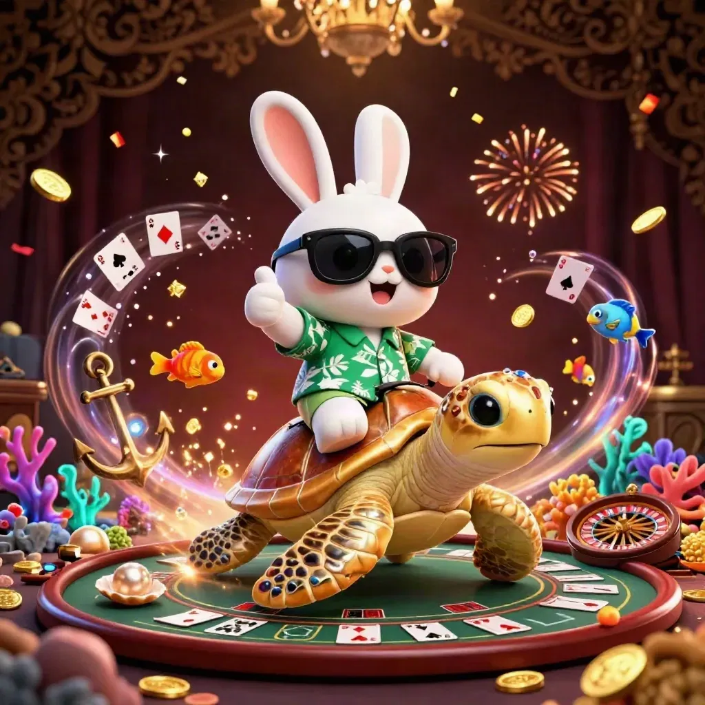 Lucky rabbit on a golden sea turtle amid coins, coral, cards, roulette wheel, confetti, and fireworks.