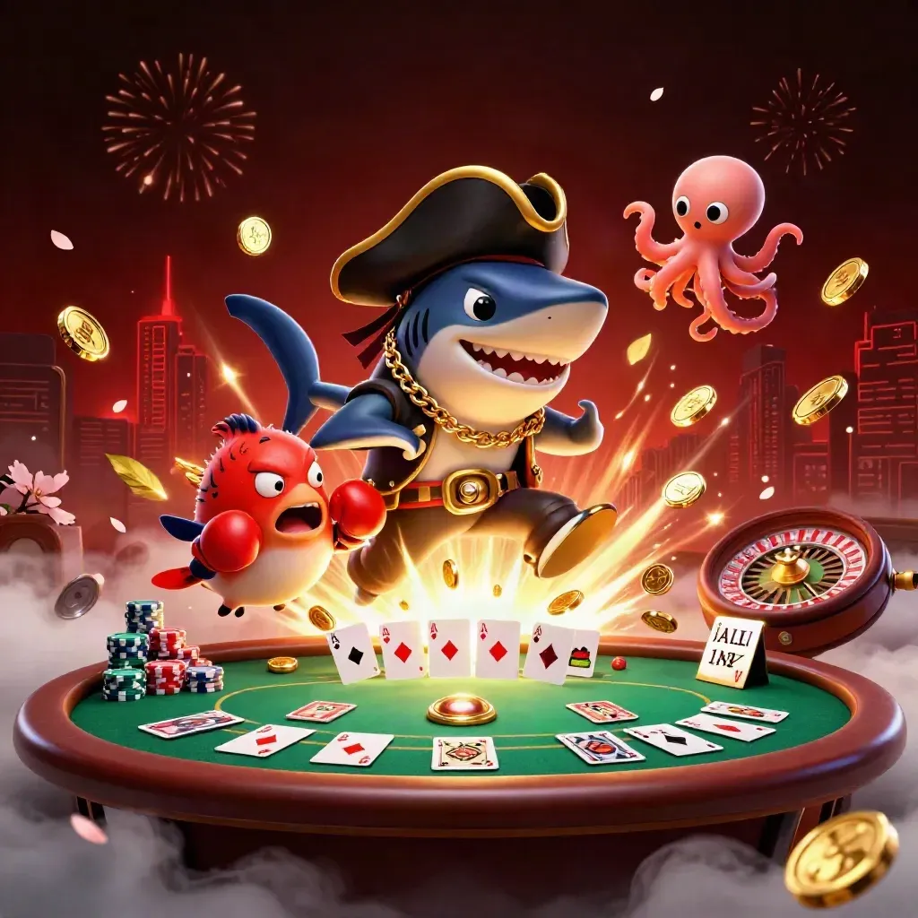 Pirate shark, boxing pufferfish, and coin-juggling octopus amid roulette, poker chips, and fireworks.