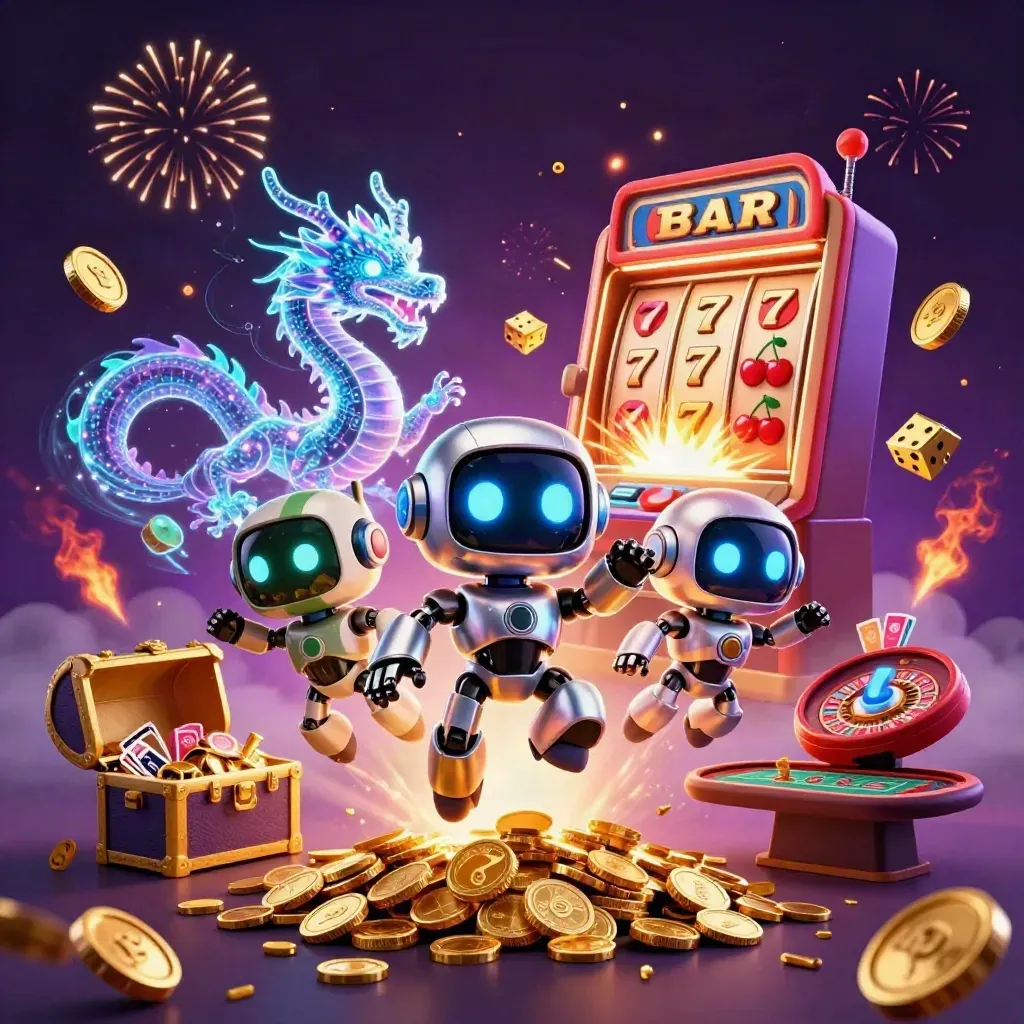 Robot, holographic dragon and coin drone amid roulette spin, slot burst, coins, fireworks, and treasure