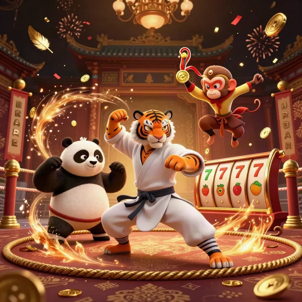 Tiger, panda, and monkey in a casino kung-fu splash with coins, sparks, and roulette symbols.