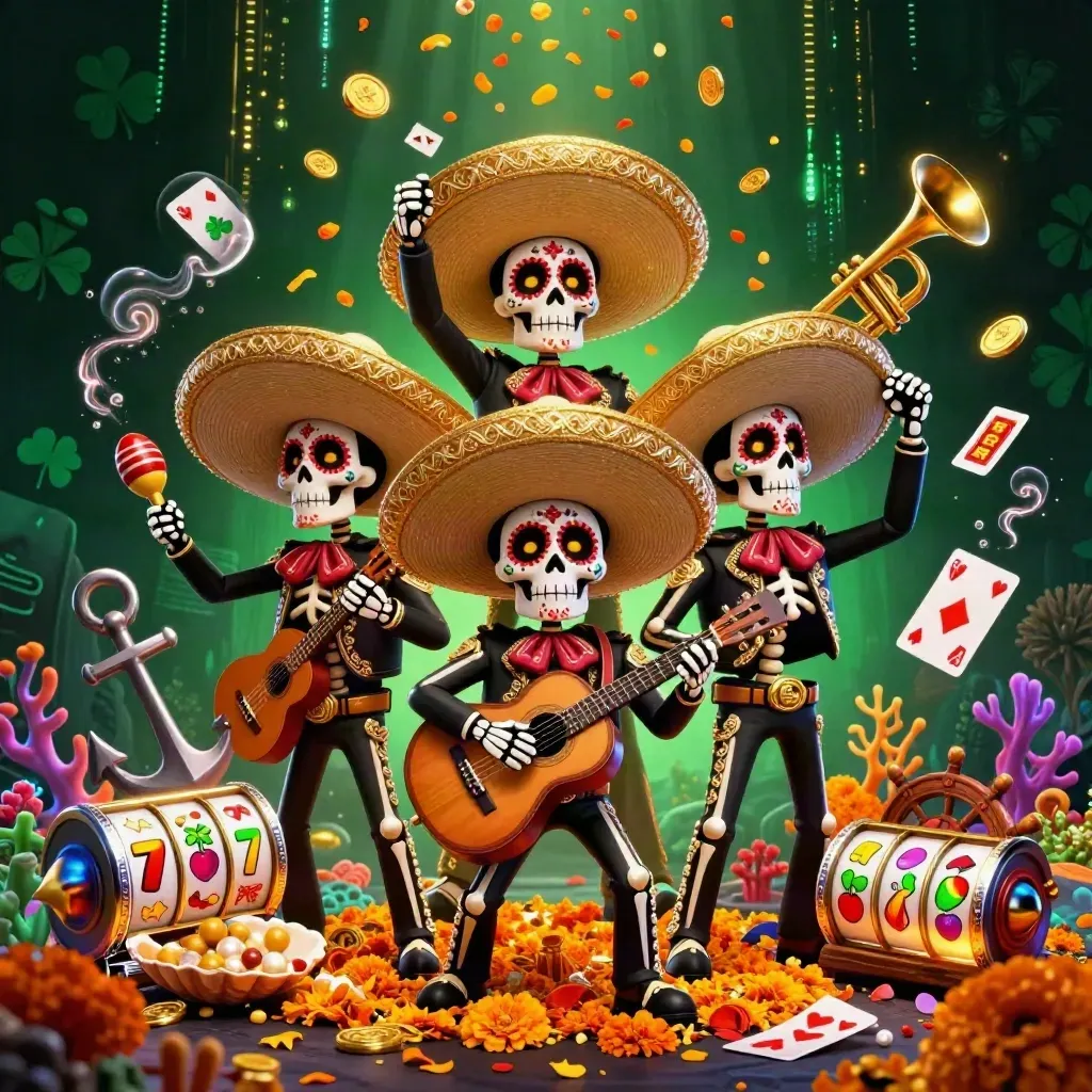 Day-of-the-Dead skeleton mariachi trio amid treasure cove casino loot, neon energy, dark emerald glow