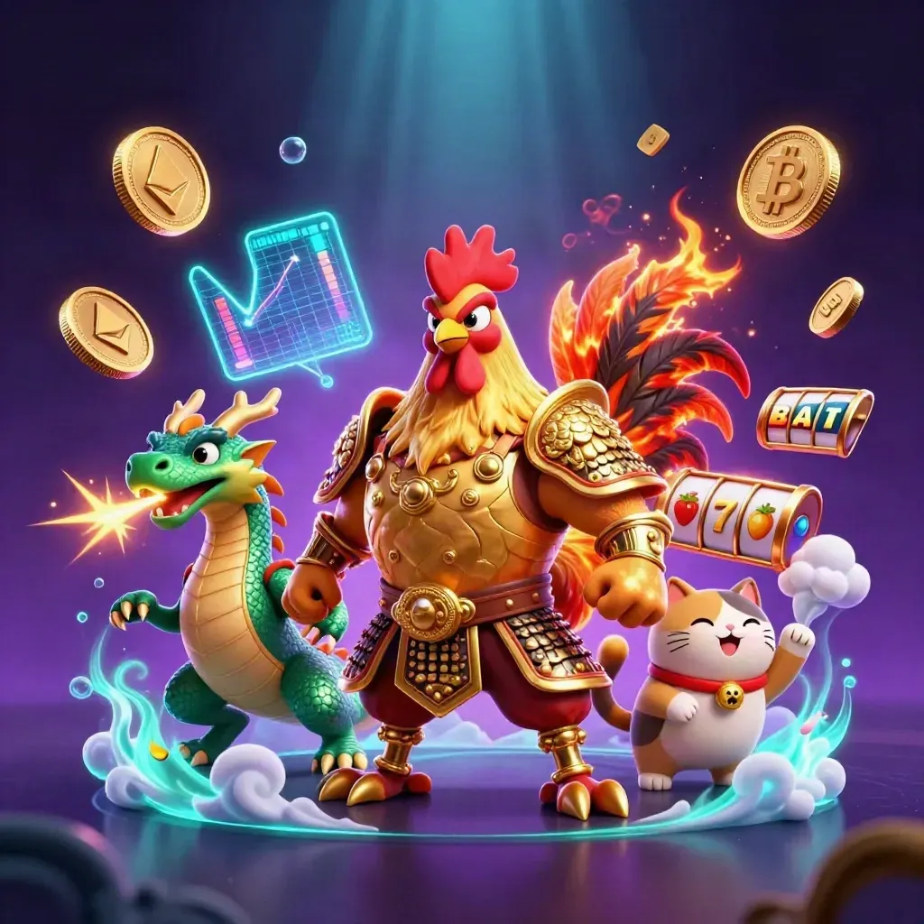 Rooster samurai, spark-breathing dragon hatchling, lucky cat, and neon casino coins in a dramatic splash scene