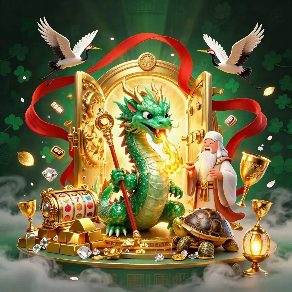Emerald dragon, turtle sage, and cranes burst with gold fire beside a vault and casino symbols.