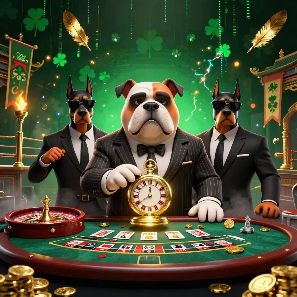 Bulldog roulette boss with two Dobermans, spinning wheel, cards, coins, temple gate, neon casino glow.