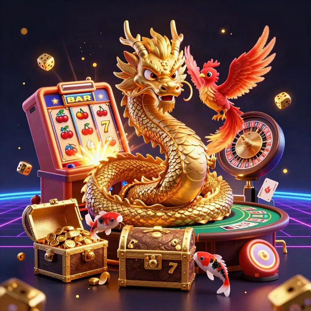 Golden dragon with phoenix, koi, roulette, slot machine, dice, and casino glow on a dark neon background