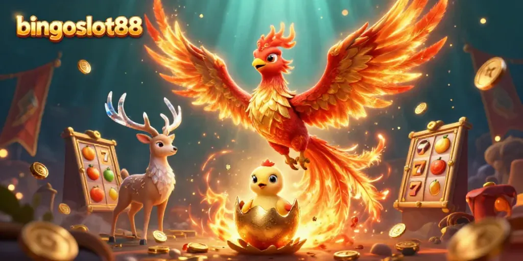Permainan menarik di bingoslot88 dengan phoenix berapi dan simbol slot menjanjikan kemenangan.