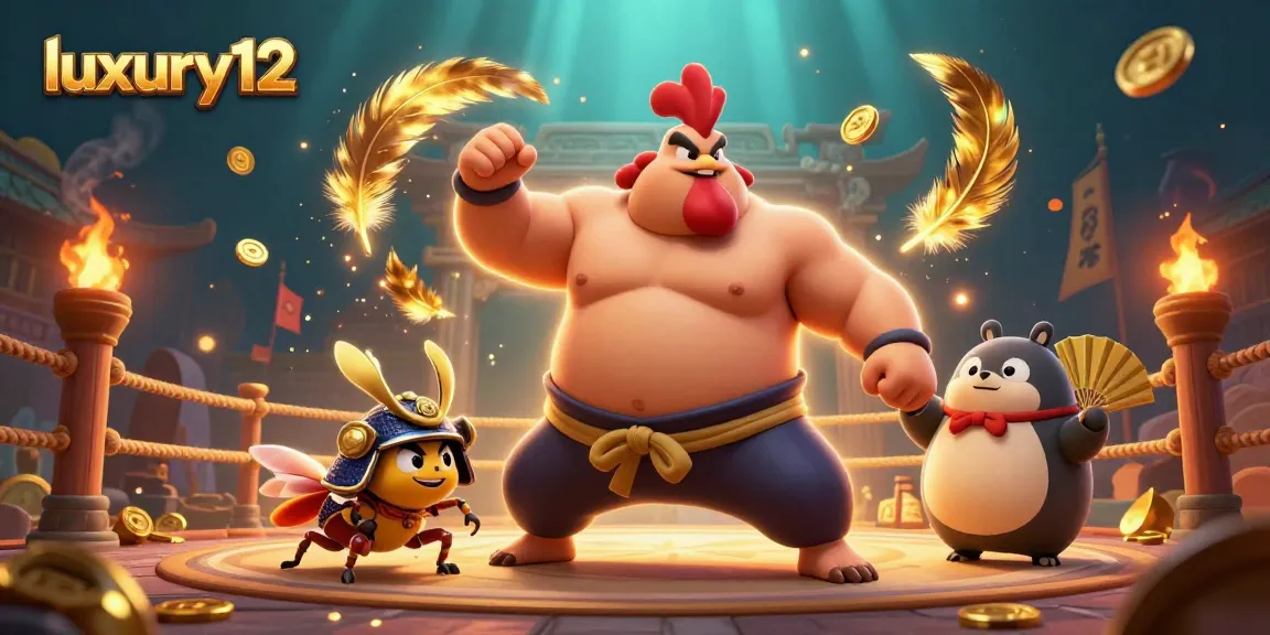 Engage with luxury12 as a powerful sumo wrestler rooster stomps in a vibrant casino arena.