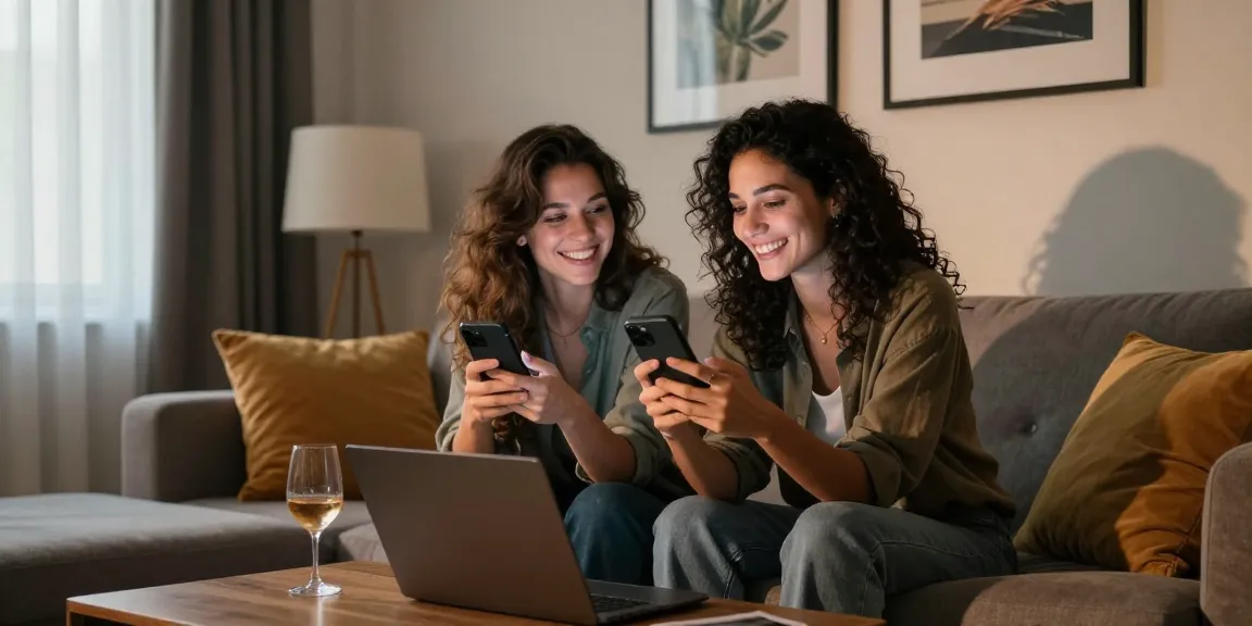 Sexting AI chat scene with couple flirting in a cozy living room during 2026.