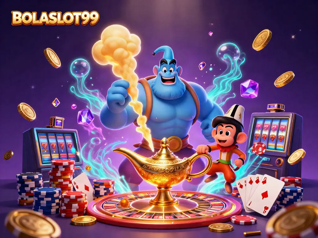 Experience the excitement of BOLASLOT99 with a vibrant 3D casino scene featuring a magical genie, flying monkeys, and slot machines.