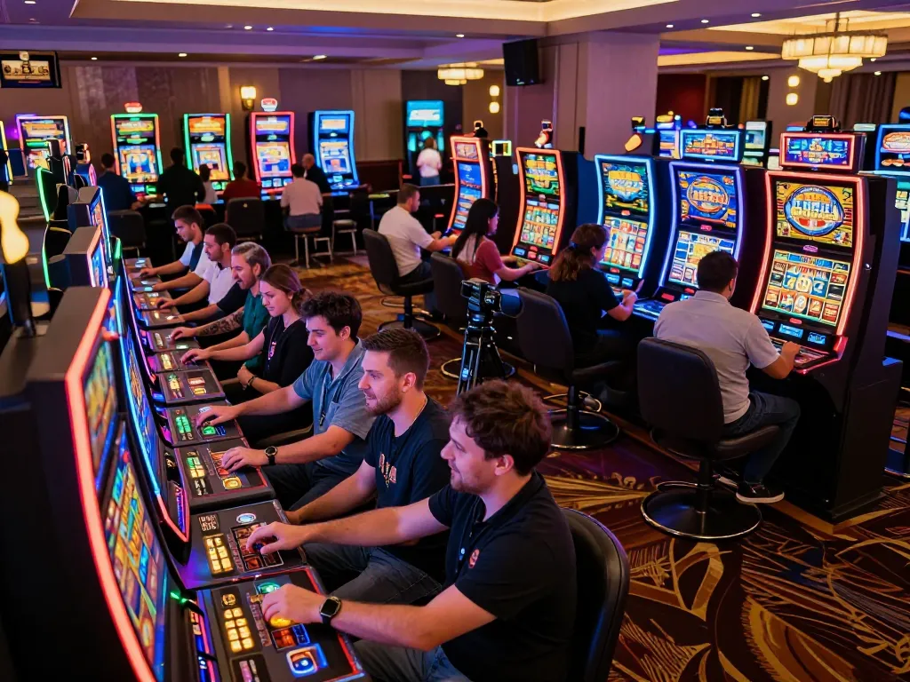 Exciting gaming moment on situs slot mahjong with players engaging at vibrant slot machines, colorful atmosphere