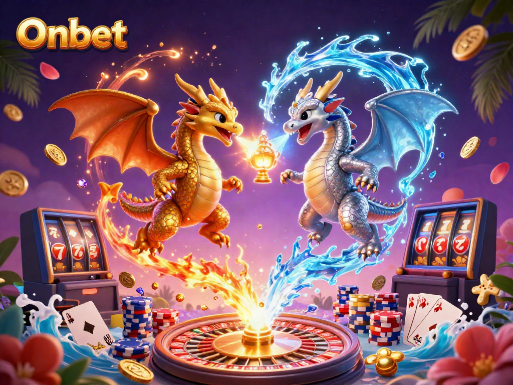 Experience thrilling action at Onbet with 3D dragons and vibrant casino elements in this dynamic illustration.
