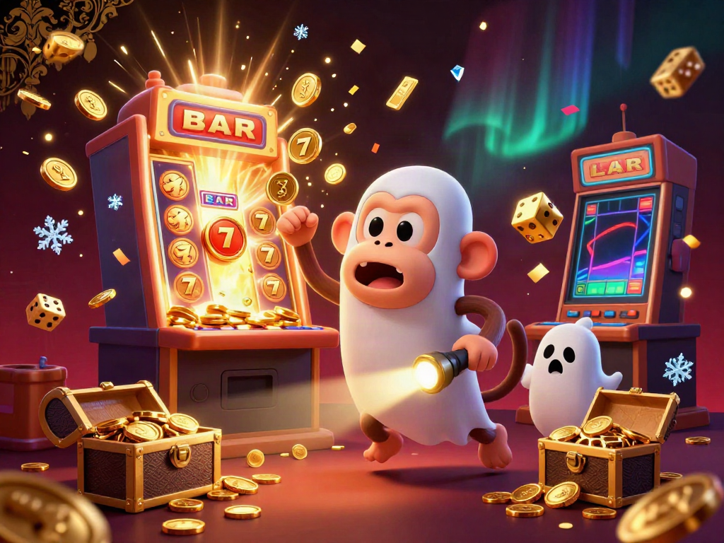 Experience the magic of LLWIN as a mischievous poltergeist monkey juggles golden coins and cards in a vibrant casino scene.