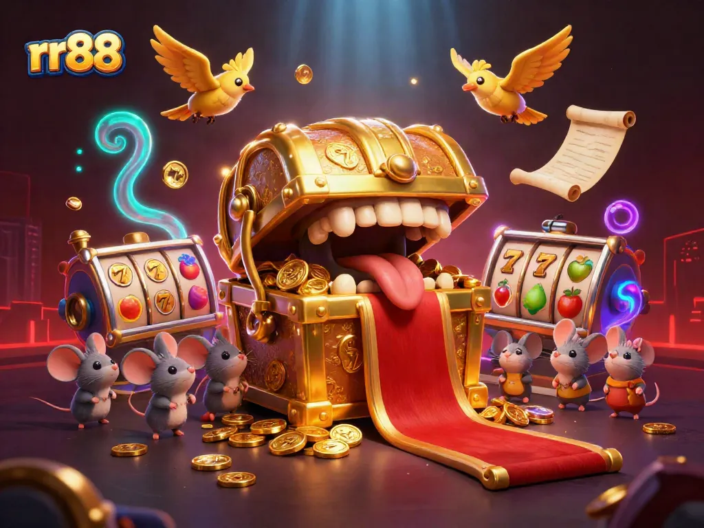 Join the treasure-filled fun at rr88, featuring a vibrant scene of animated characters promoting lively casino games.