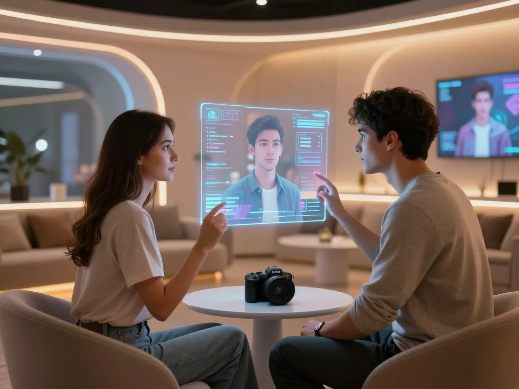 Engaging ai sex interaction in a futuristic digital intimacy setting with virtual companions.
