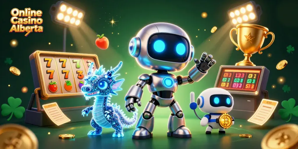Engaging scene showcasing Online Casino Alberta with vibrant characters and slot machines, inviting players to enjoy.