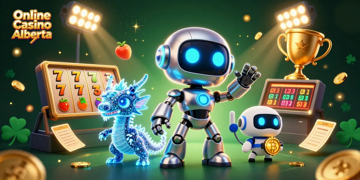 Engaging scene showcasing Online Casino Alberta with vibrant characters and slot machines, inviting players to enjoy.