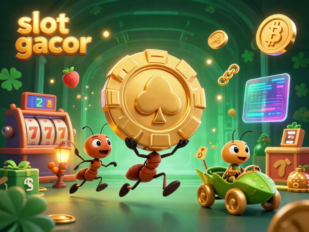 Slot gacor menampilkan semut kartun yang mencuri chip poker emas besar, dikelilingi elemen slot dan koin crypto.