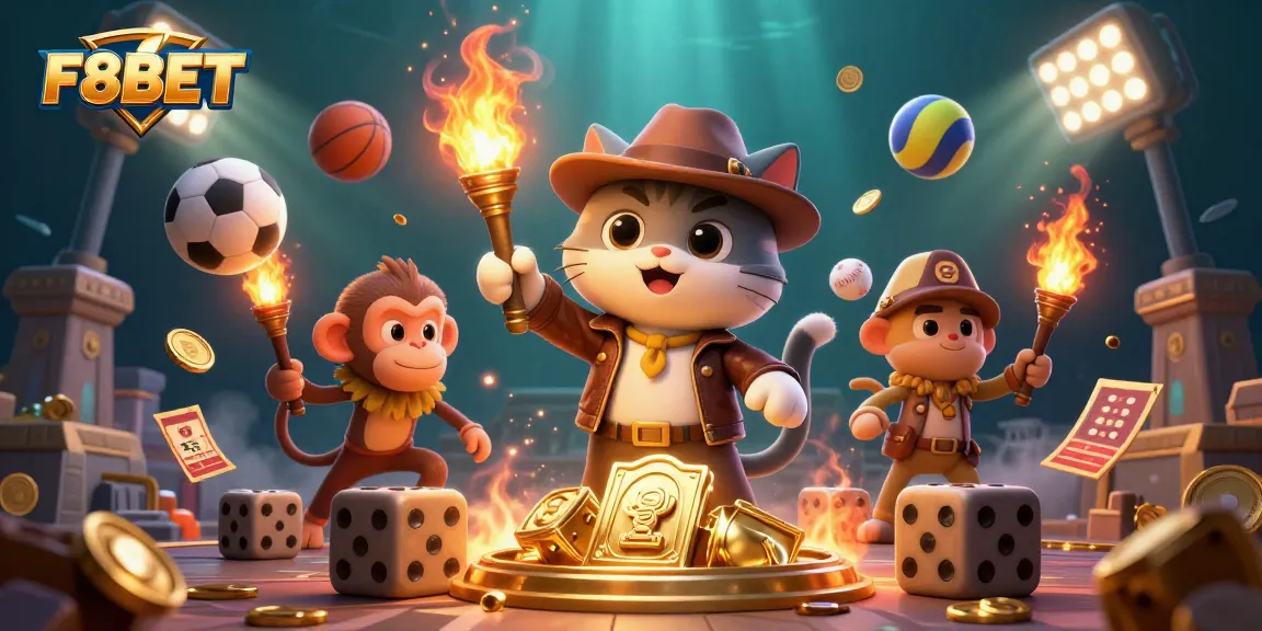 F8BET players celebrating big wins while exploring a treasure-filled casino temple adorned with gold.