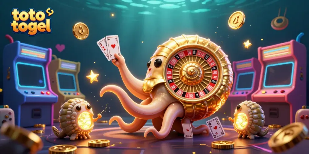 Experience thrilling gaming with toto togel, featuring a giant nautilus roulette and glowing game elements in a vibrant scene.