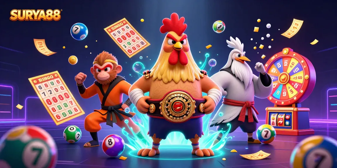 SURYA88 brings excitement with a fierce Muay Thai rooster and Shaolin monkey, surrounded by vibrant casino elements.
