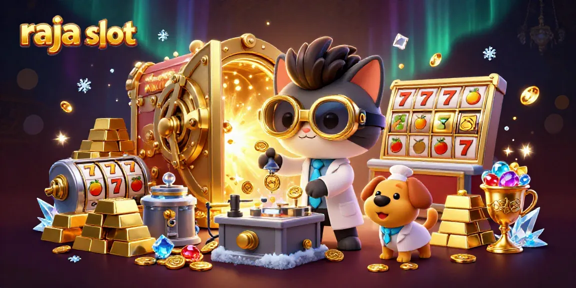 Raja slot: Gambar menarik tentang slot dengan karakter kucing ilmuwan dan anjing asisten di dunia judi.