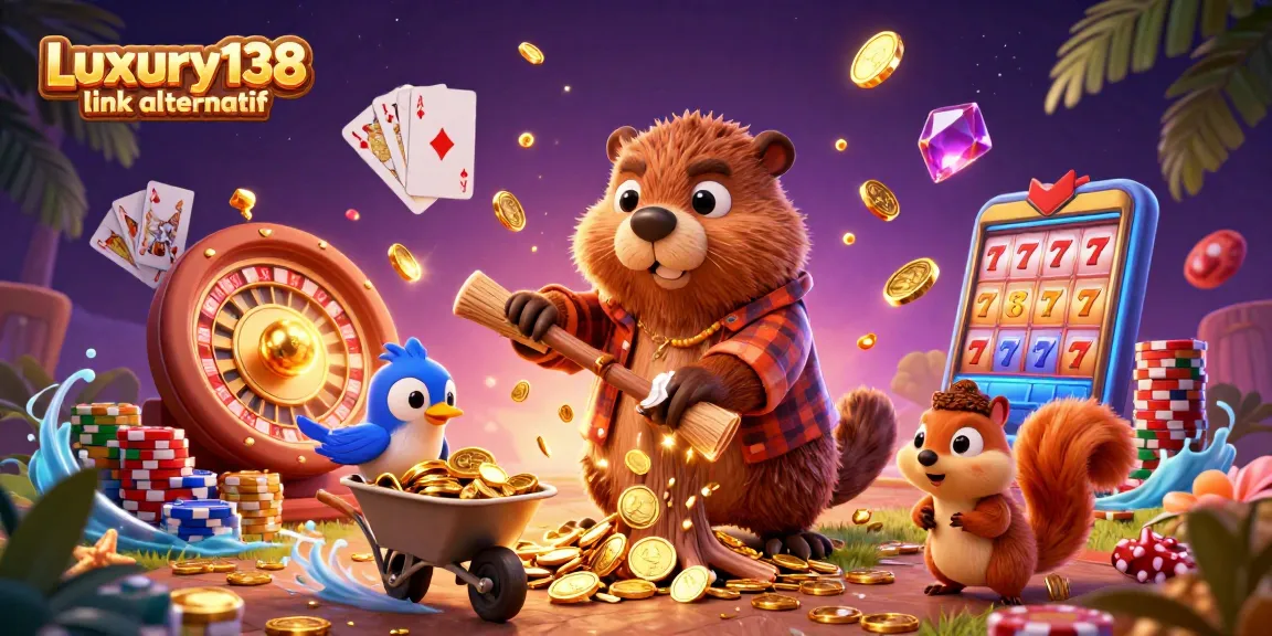 Experience the excitement of Luxury138 link alternatif with a vibrant 3D cartoon casino scene filled with gold.