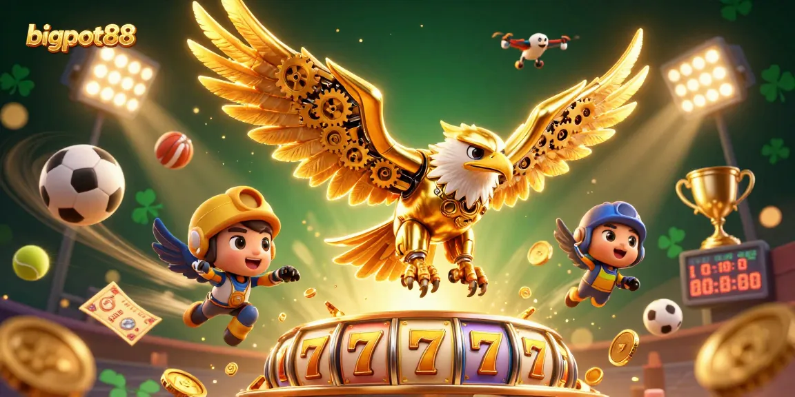 Experience thrilling gaming with bigpot88's dynamic visuals of slot reels and golden eagles.
