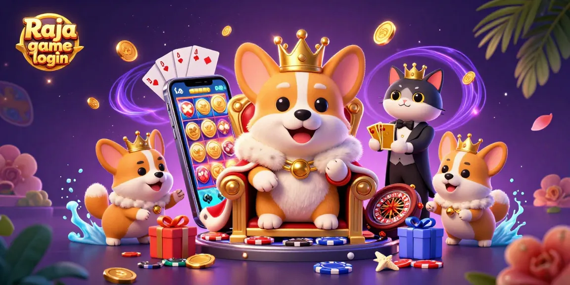 Play Raja game login with a royal corgi and cat butler amid colorful casino elements.