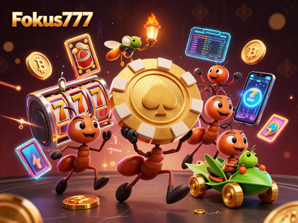 Fokus777 showcases an adventurous team of ants heist amid colorful casino themes, embodying thrilling gameplay.
