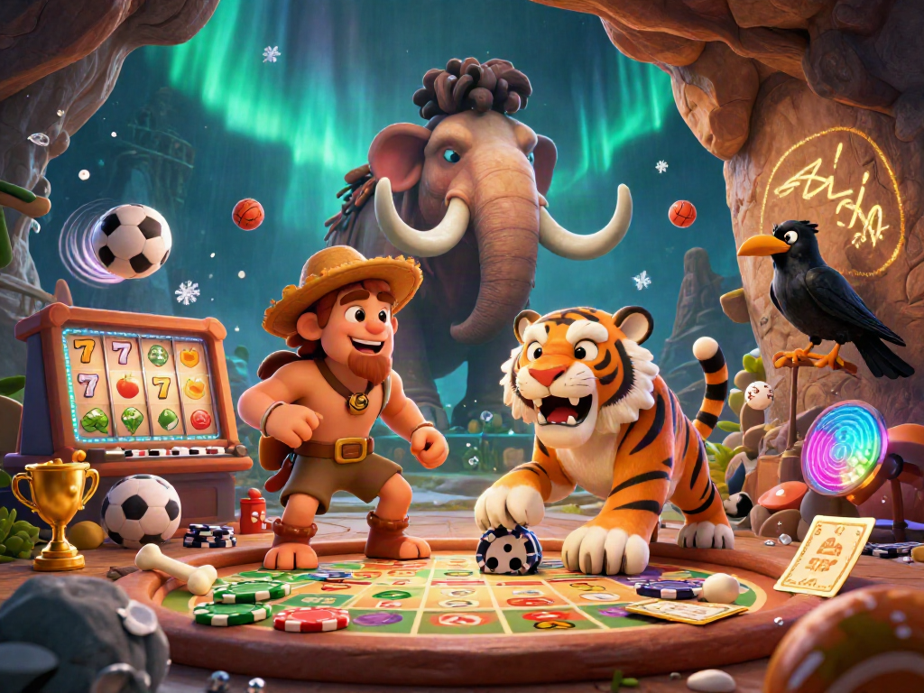 Spin the reels at Asialive88 Slot with this unique prehistoric casino scene featuring dynamic characters and gaming elements.