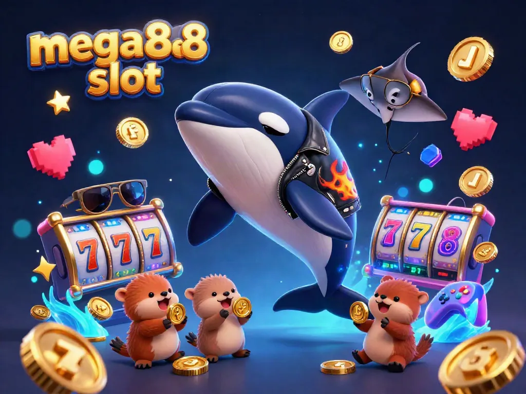 Engaging 3D cartoon scene showcasing mega888 slot characters, including an orca and sea otters, amidst exciting gaming elements.