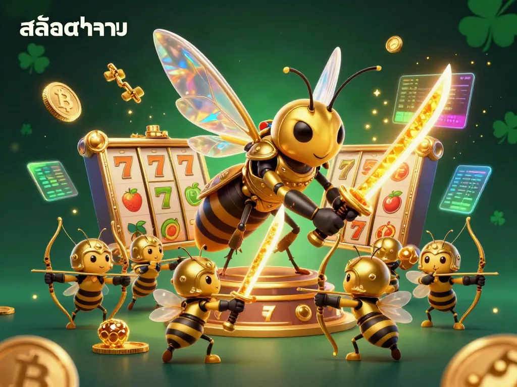 Experience สล็อตทดลอง in a dynamic scene filled with vibrant slot reels, gold coins, and a heroic hornet warrior.