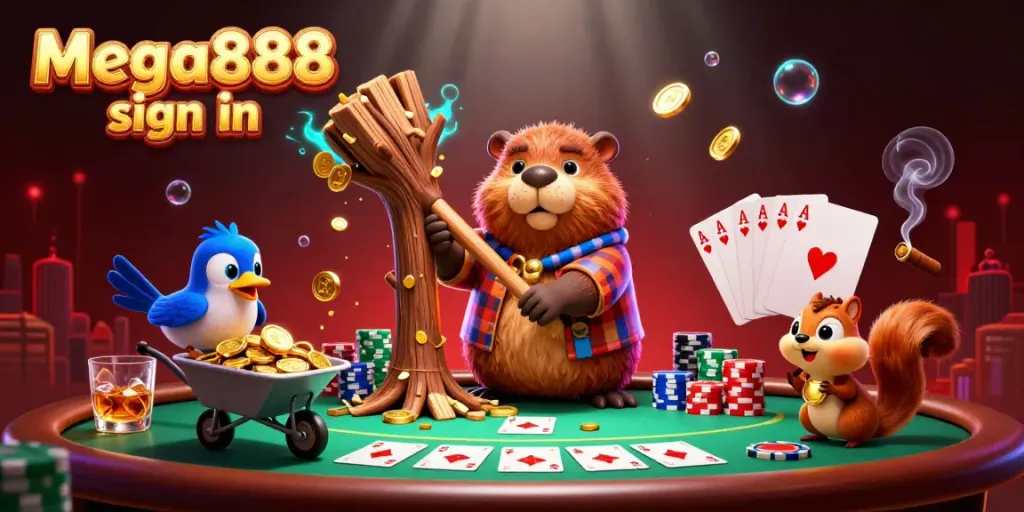 Experience the excitement of Mega888 sign in with a lively scene of characters and casino elements.