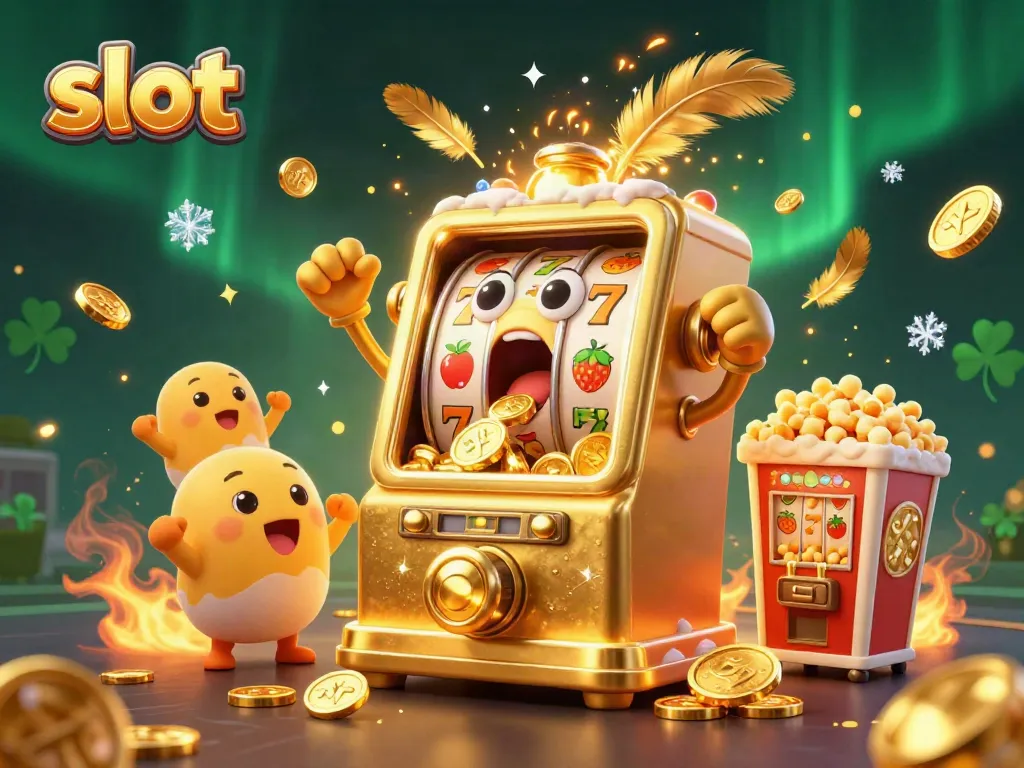 Slot yang menggemparkan dengan mesin slot emas mengeluarkan koin, dikelilingi mesin slot kecil dan mesin popcorn.