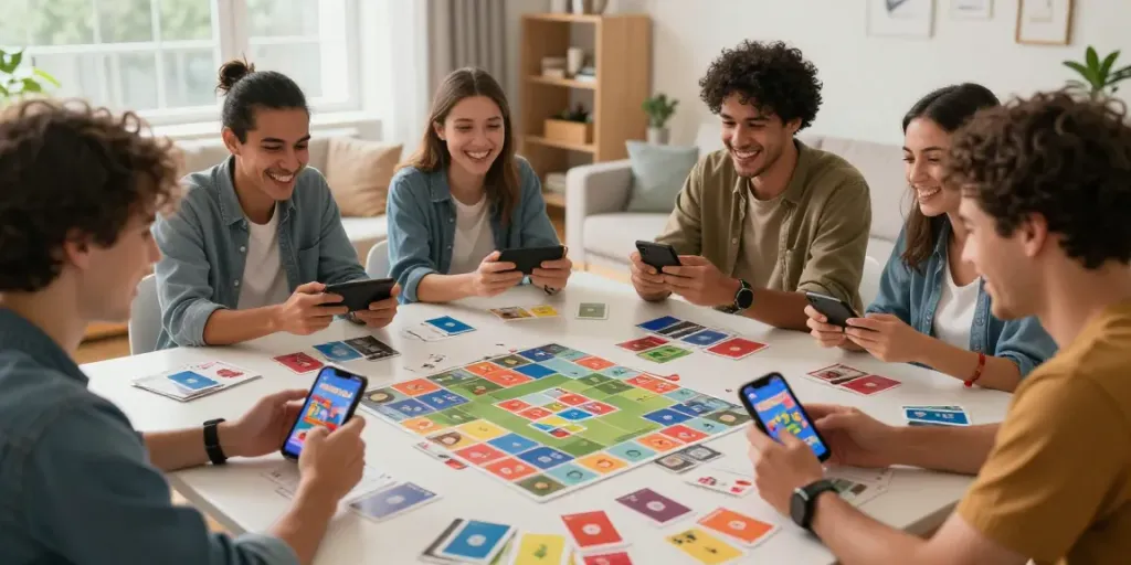 Players enjoying Rumble Rummy game on mobile devices in a bright living room.