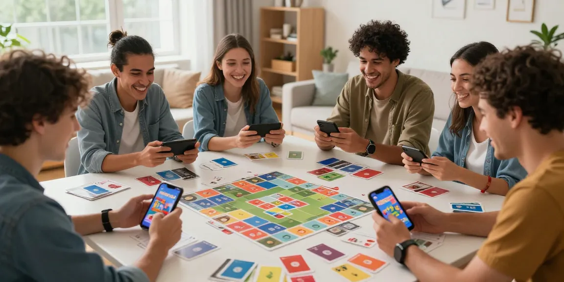 Players enjoying Rumble Rummy game on mobile devices in a bright living room.