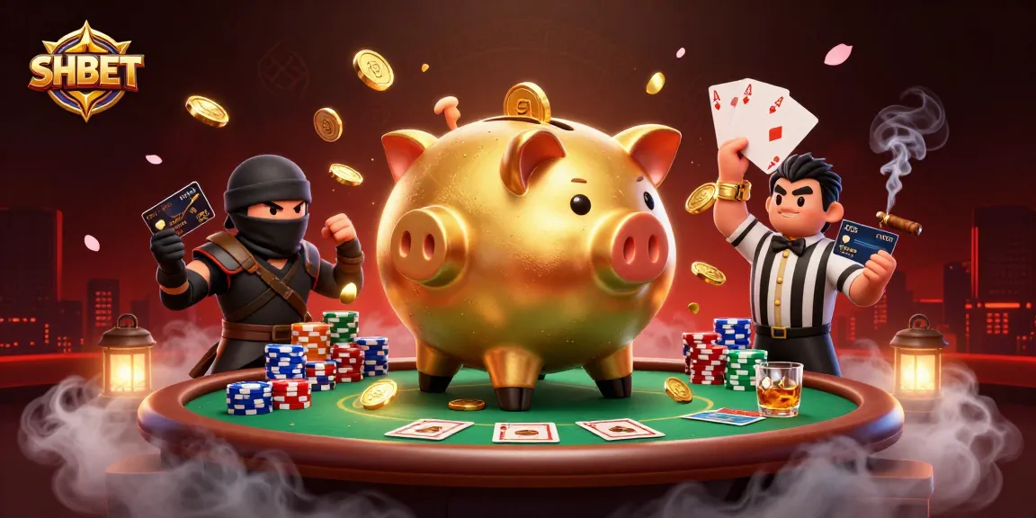 SHBET offers thrilling gambling experiences with a colorful 3D illustration showcasing poker action.
