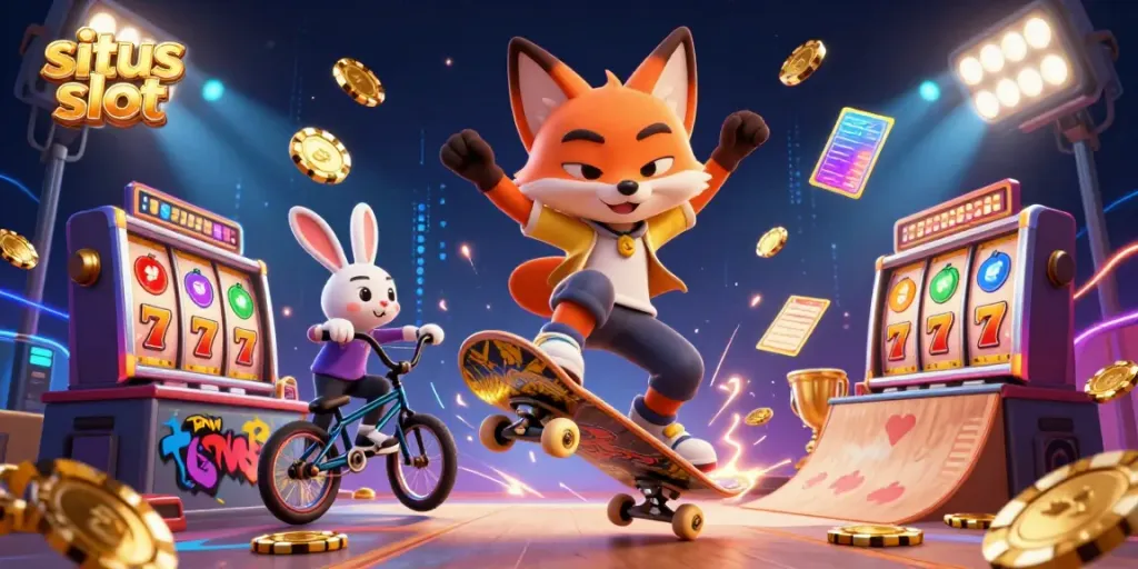 Mainkan situs slot dengan seru melalui ilustrasi kartun yang menggambarkan keseruan permainan slot.