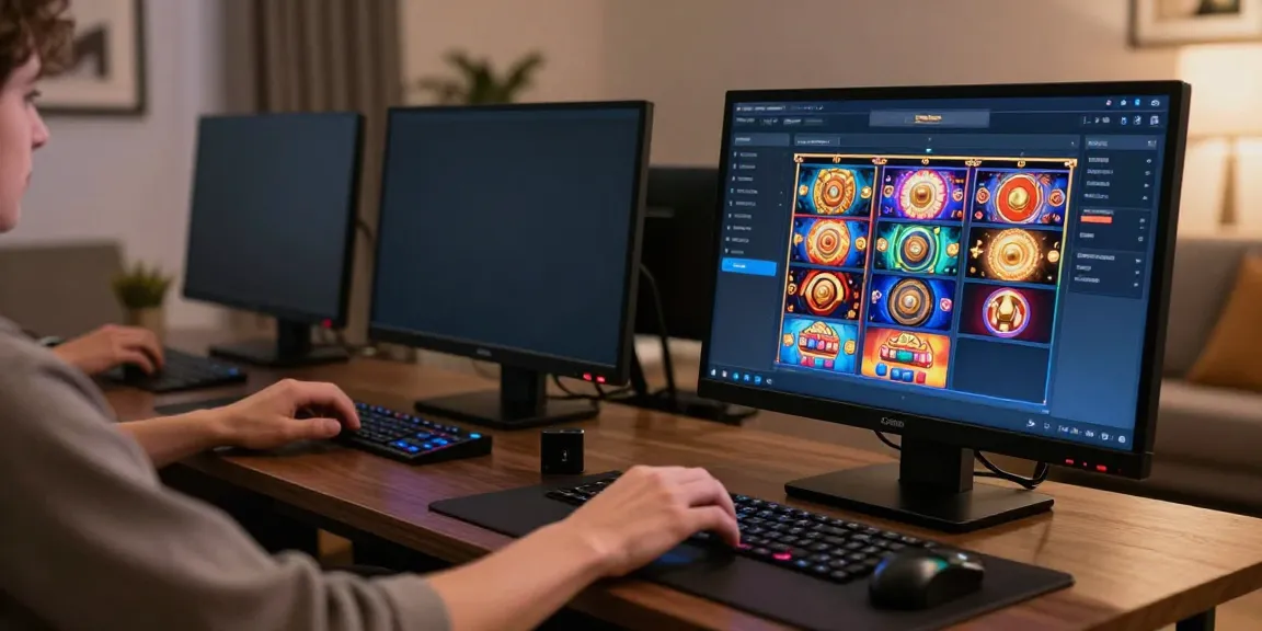 Engaging slot88 gaming interface on a laptop screen with colorful graphics in a cozy home setting.