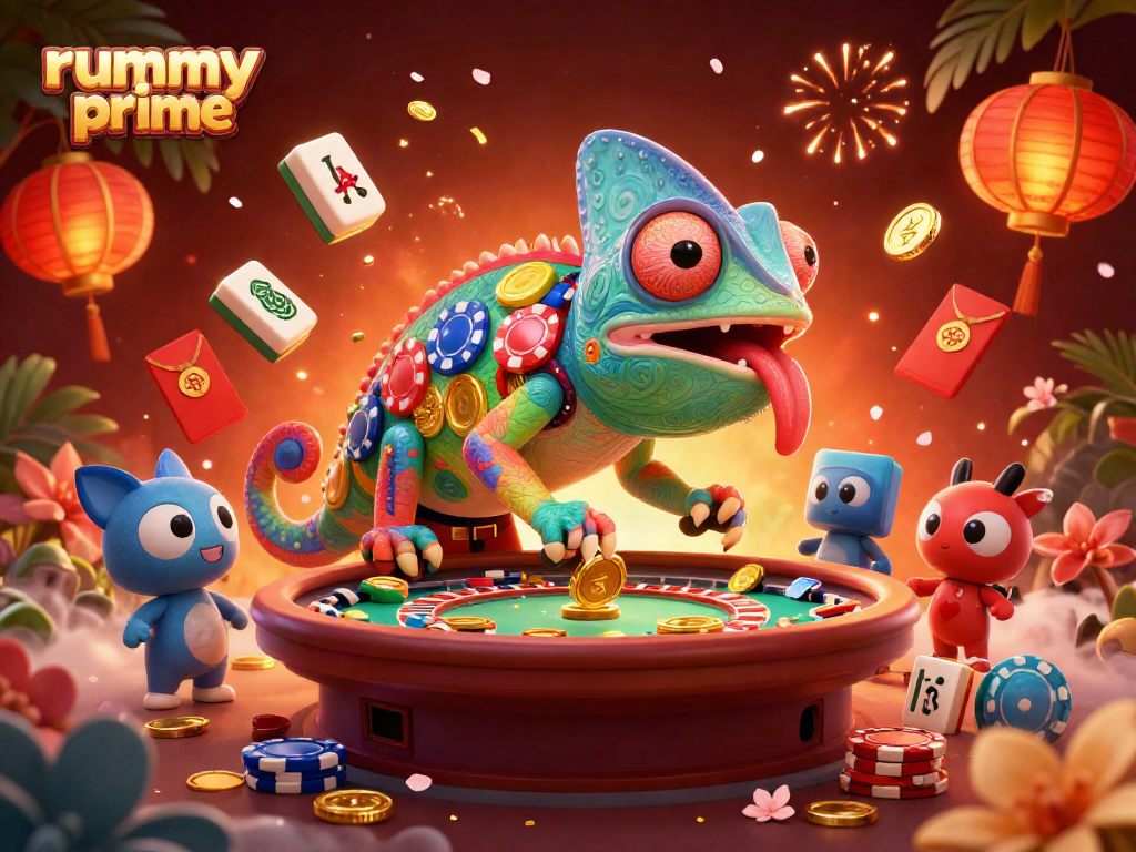 Engage in thrilling online gameplay with Rummy Prime featuring vibrant casino elements and a lively chameleon host.