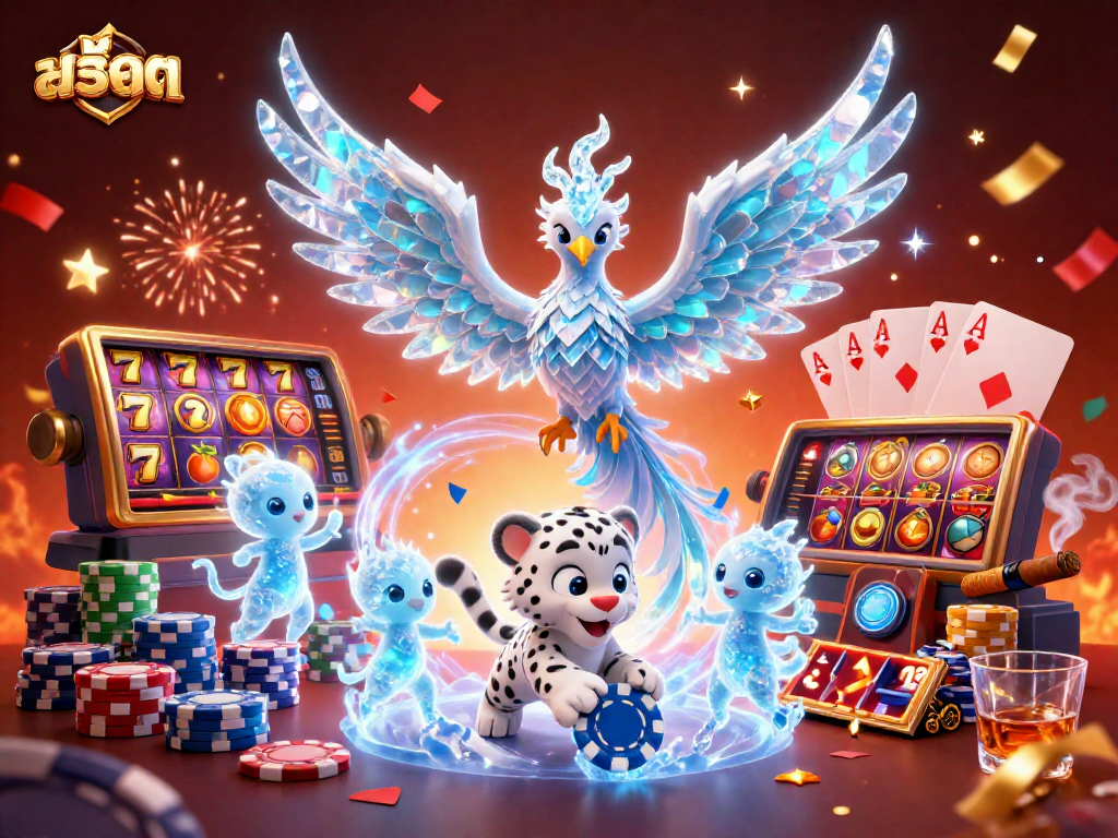 Experience สล็อต excitement with dancing ice sprites and a playful snow leopard cub in a vibrant casino