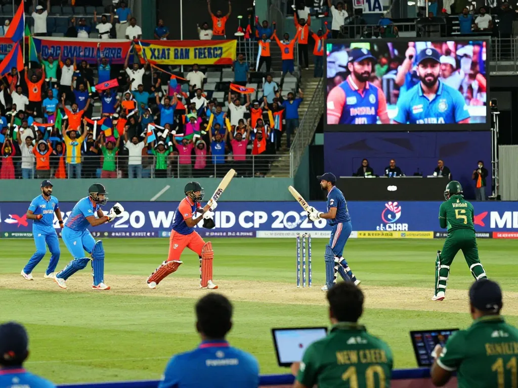 Exciting cricket action during T20 World Cup 2026 highlighting players and fans, promoting crickex app download.