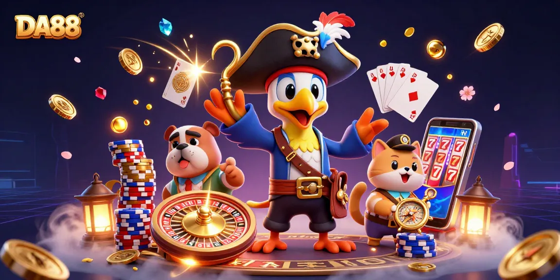 DA88 captivates players with vibrant casino illustration featuring a pirate captain parrot and poker elements.