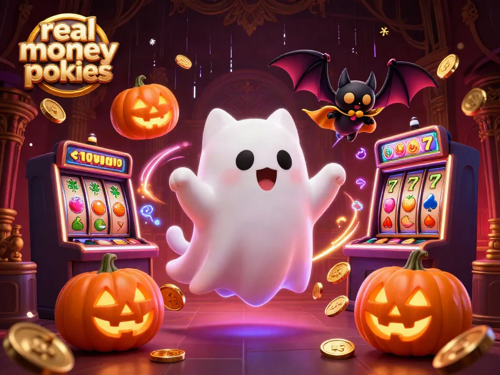 Engage in real money pokies with a friendly ghost cat and haunted casino elements.