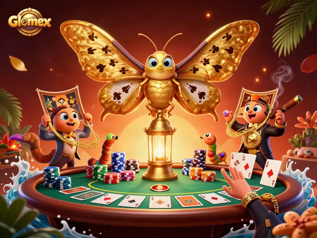 Glomex engages players at a vibrant casino scene, showcasing golden-winged moths amidst poker action.