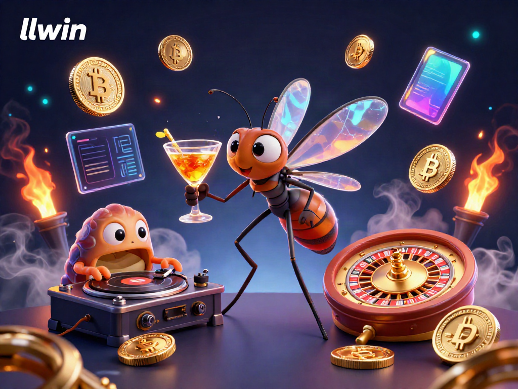 Engage with the vibrant llwin casino scene featuring an animated mosquito mascot and a trilobite DJ.